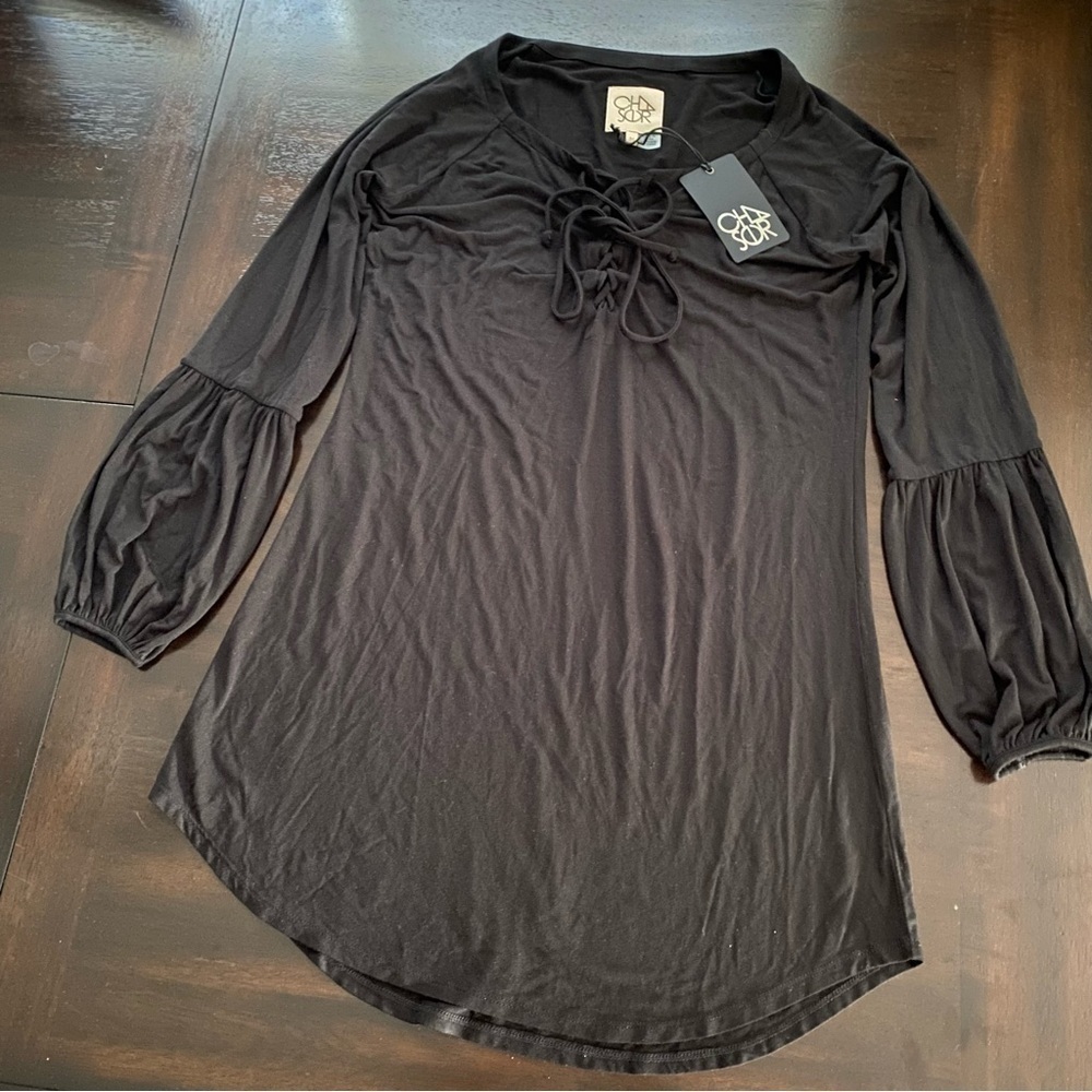 Chaser NWT Lace-Up Bishop Long Sleeve Black Stretch Dress Size M